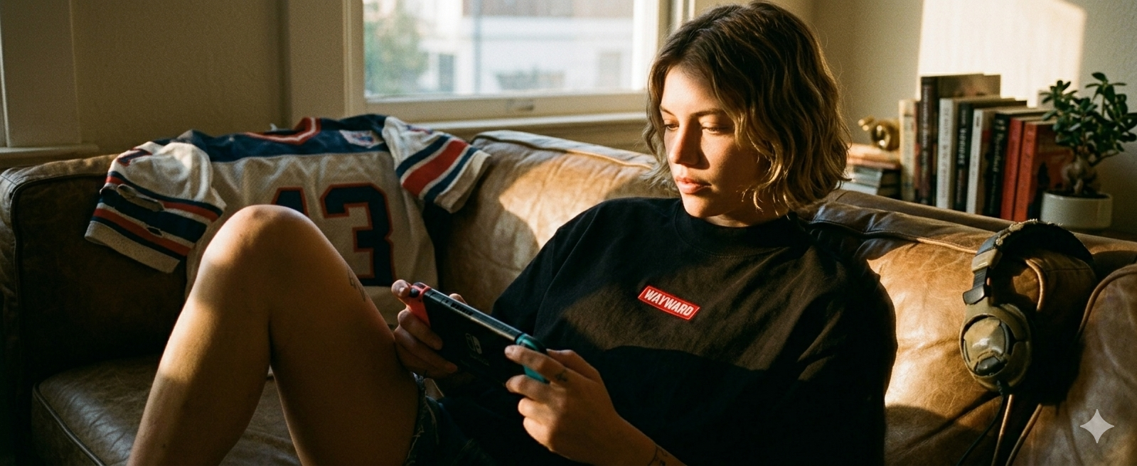 Person sitting on a couch using a game console in a casual setting